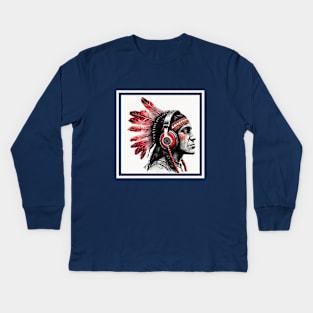 american native with headphones Kids Long Sleeve T-Shirt